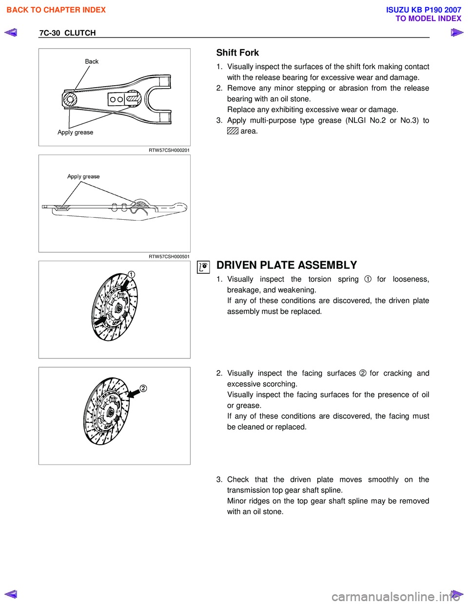 ISUZU KB P190 2007  Workshop Repair Manual 7C-30  CLUTCH 
  
 
RTW 57CSH000201 
  
 Shift Fork 
1.  Visually inspect the surfaces of the shift fork making contact
with the release bearing for excessive wear and damage. 
2.  Remove any minor st