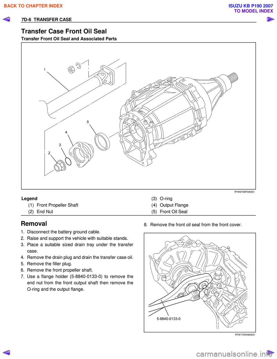 ISUZU KB P190 2007  Workshop Repair Manual 7D-6  TRANSFER CASE 
Transfer Case Front Oil Seal  
Transfer Front Oil Seal and Associated Parts  
 
 RTW 67DMF000301 
Legend 
 (3) O-ring 
(1) Front Propeller Shaft   (4) Output Flange 
(2) End Nut  