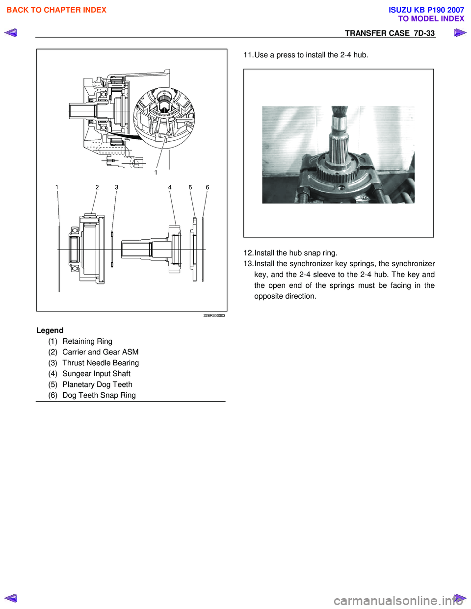 ISUZU KB P190 2007  Workshop Repair Manual TRANSFER CASE  7D-33 
226R300003
  
 
 
 
 
 
 
 
 
   
11. Use a press to install the 2-4 hub.  
 
  
 
 
  
12.  Install the hub snap ring. 
13.  Install the synchronizer key springs, the synchroniz