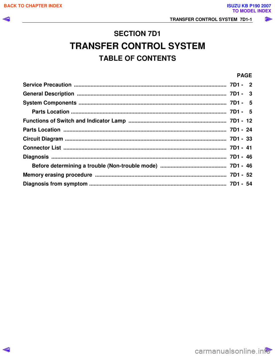 ISUZU KB P190 2007  Workshop Repair Manual TRANSFER CONTROL SYSTEM  7D1-1 
SECTION 7D1 
TRANSFER CONTROL SYSTEM 
TABLE OF CONTENTS 
 PAGE 
Service Precaution  ....................................................................................