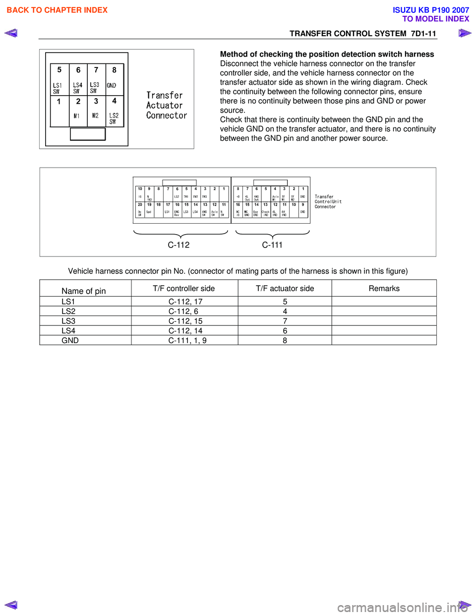 ISUZU KB P190 2007  Workshop Repair Manual TRANSFER CONTROL SYSTEM  7D1-11 
 Method of checking the position detection switch harness 
Disconnect the vehicle harness connector on the transfer 
controller side, and the vehicle harness connector