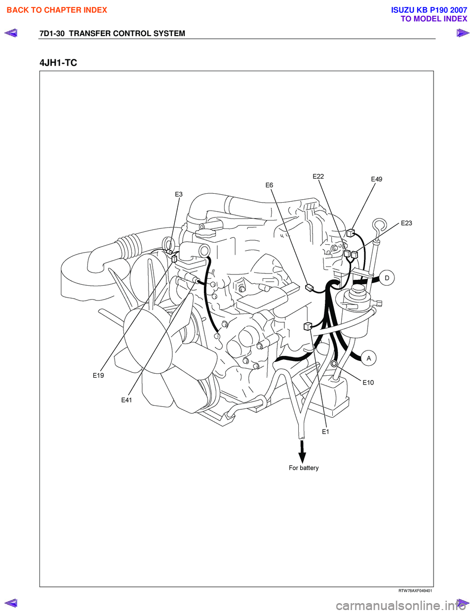 ISUZU KB P190 2007  Workshop Repair Manual 7D1-30  TRANSFER CONTROL SYSTEM 
 
4JH1-TC 
  
 
 
 
 
 
 
 
 RTW 78AXF049401 
 
BACK TO CHAPTER INDEX
TO MODEL INDEX
ISUZU KB P190 2007 