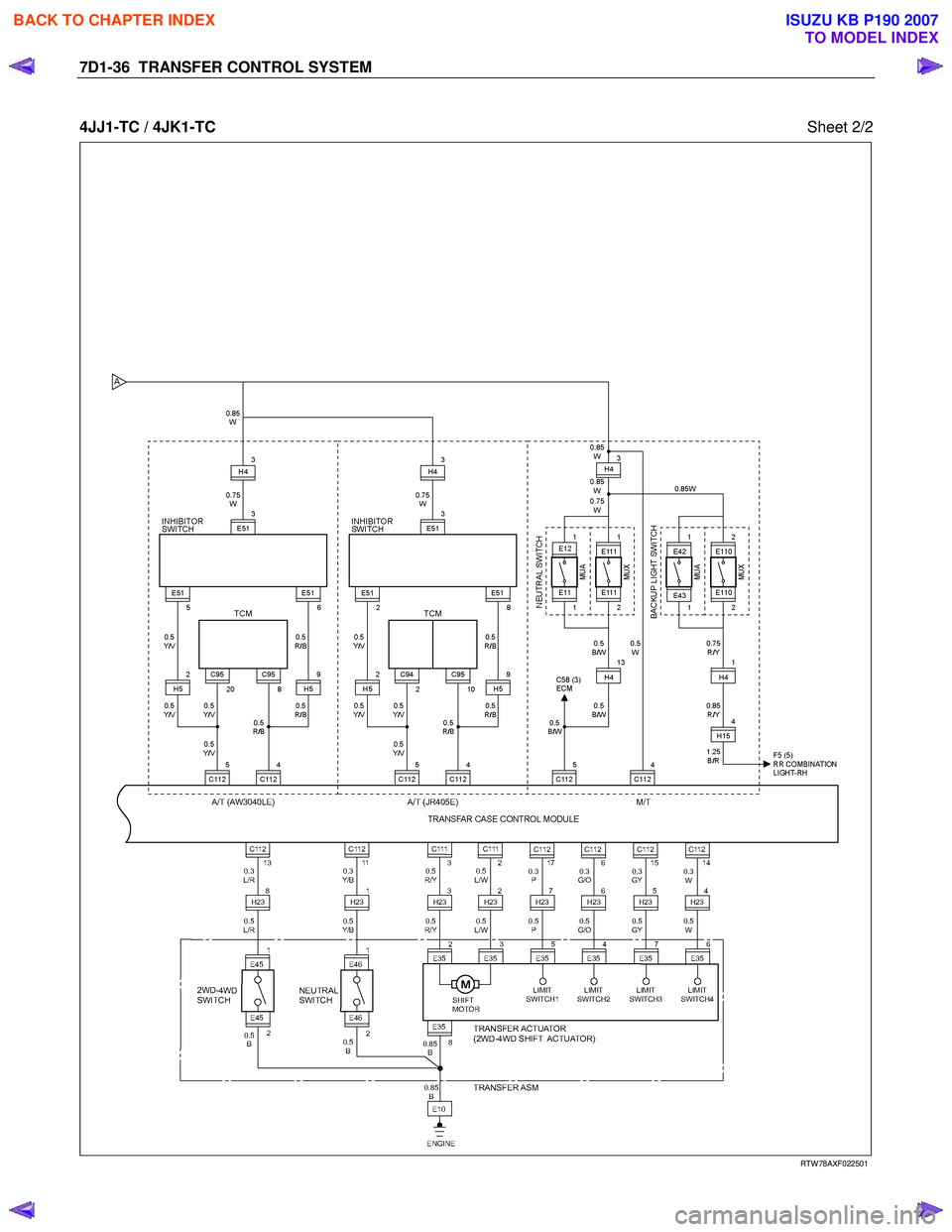 ISUZU KB P190 2007  Workshop Repair Manual 7D1-36  TRANSFER CONTROL SYSTEM 
  
4JJ1-TC / 4JK1-TC
  Sheet 2/2 
   
 
 
 
 
 
 
 
 
 
 
 
 
 
 
 
 
   
 
 
   
RTW 78AXF022501 
 
BACK TO CHAPTER INDEX
TO MODEL INDEX
ISUZU KB P190 2007 
