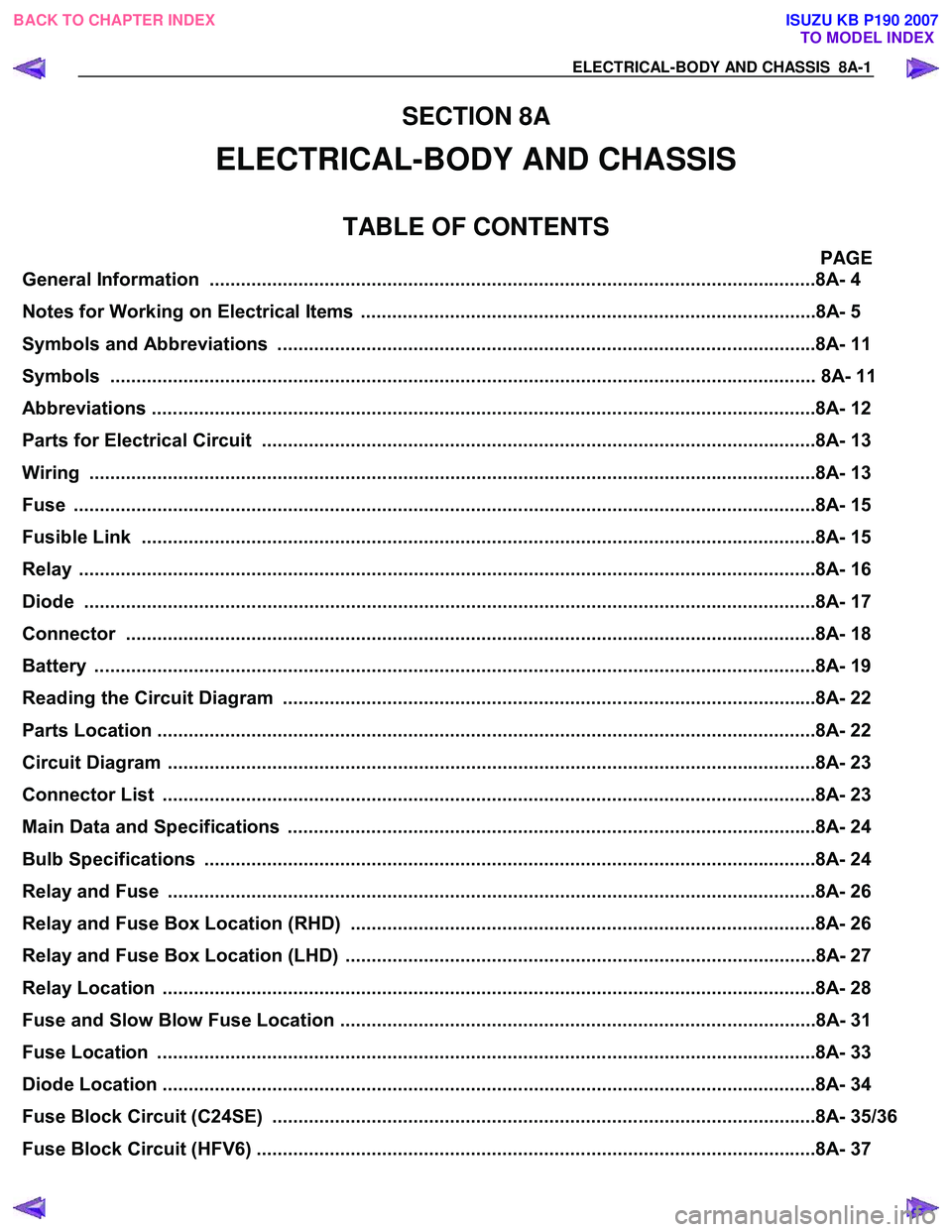 ISUZU KB P190 2007  Workshop Repair Manual ELECTRICAL-BODY AND CHASSIS  8A-1 
SECTION 8A 
ELECTRICAL-BODY AND CHASSIS 
TABLE OF CONTENTS 
PAGE 
General Information ...............................................................................