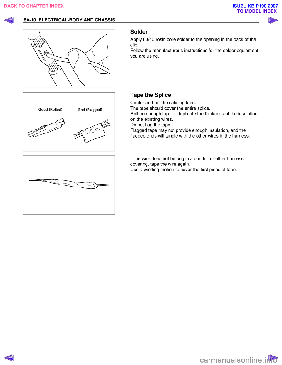 ISUZU KB P190 2007  Workshop Repair Manual 8A-10  ELECTRICAL-BODY AND CHASSIS 
 
  
  
 Solder 
Apply 60/40 rosin core solder to the opening in the back of the 
clip. 
Follow the manufacturer’s instructions for the solder equipment 
you are 