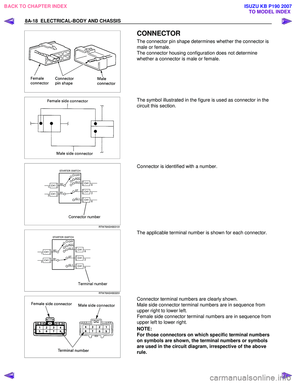 ISUZU KB P190 2007  Workshop Repair Manual 8A-18  ELECTRICAL-BODY AND CHASSIS 
 
  
 CONNECTOR 
The connector pin shape determines whether the connector is 
male or female. 
The connector housing configuration does not determine 
whether a con