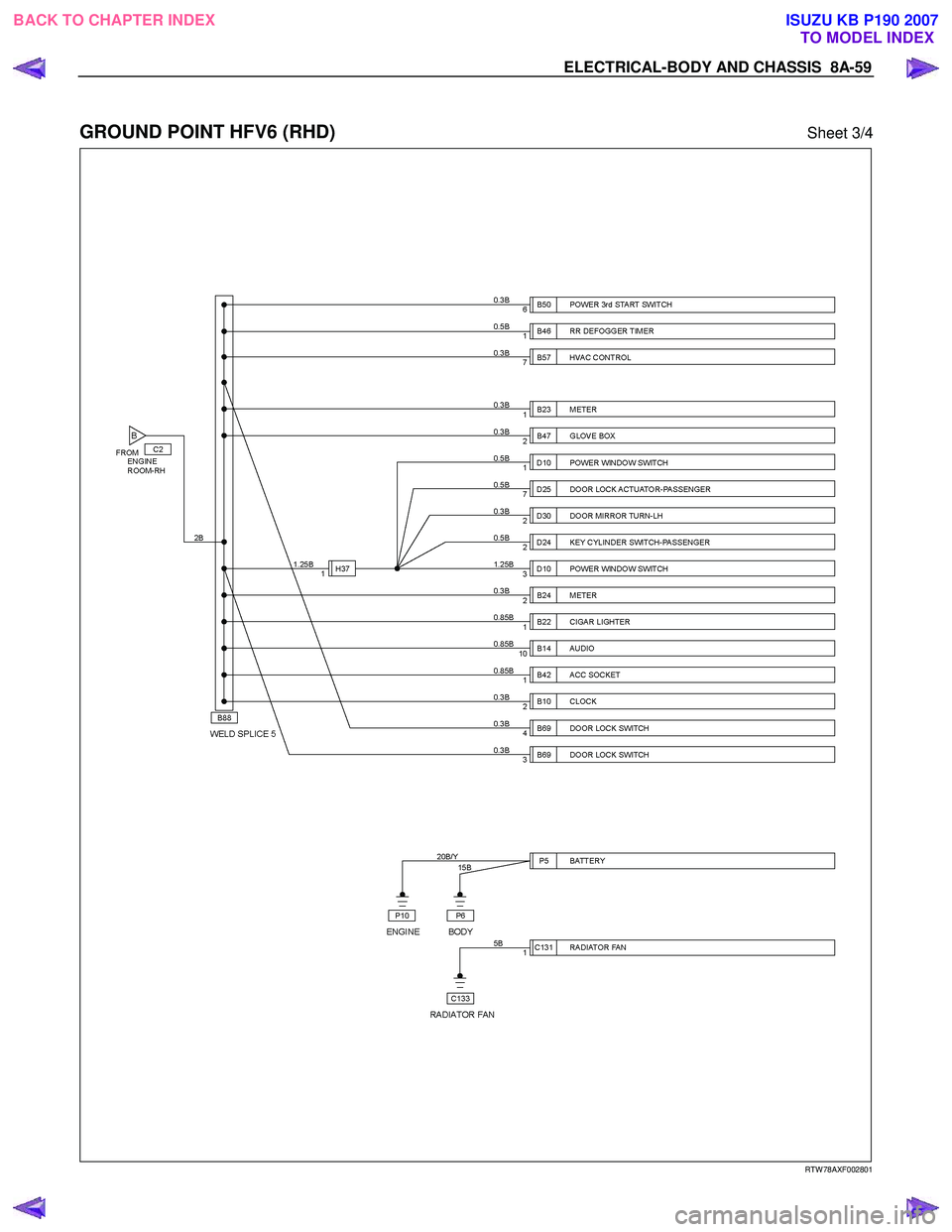 ISUZU KB P190 2007  Workshop Repair Manual ELECTRICAL-BODY AND CHASSIS  8A-59 
 
GROUND POINT HFV6 (RHD) Sheet 3/4 
 
  
 
 
 
 
 
 
 
 
 
RTW 78AXF002801 
 
BACK TO CHAPTER INDEX TO MODEL INDEXISUZU KB P190 2007 