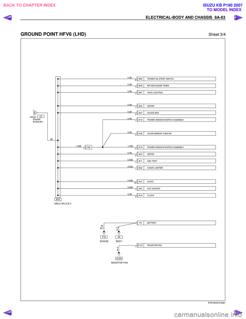 ISUZU KB P190 2007  Workshop Repair Manual ELECTRICAL-BODY AND CHASSIS  8A-63 
 
GROUND POINT HFV6 (LHD) Sheet 3/4 
 
  
 
 
 
 
 
 
 
 
 
RTW 78AXF016001 
 
BACK TO CHAPTER INDEX TO MODEL INDEXISUZU KB P190 2007 