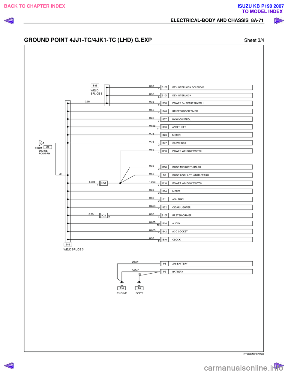 ISUZU KB P190 2007  Workshop Repair Manual ELECTRICAL-BODY AND CHASSIS  8A-71 
 
GROUND POINT 4JJ1-TC/4JK1-TC (LHD) G.EXP Sheet 3/4 
  
 
 
 
 
 
 
 
 
 
 
RTW 78AXF029501 
 
BACK TO CHAPTER INDEX TO MODEL INDEXISUZU KB P190 2007 