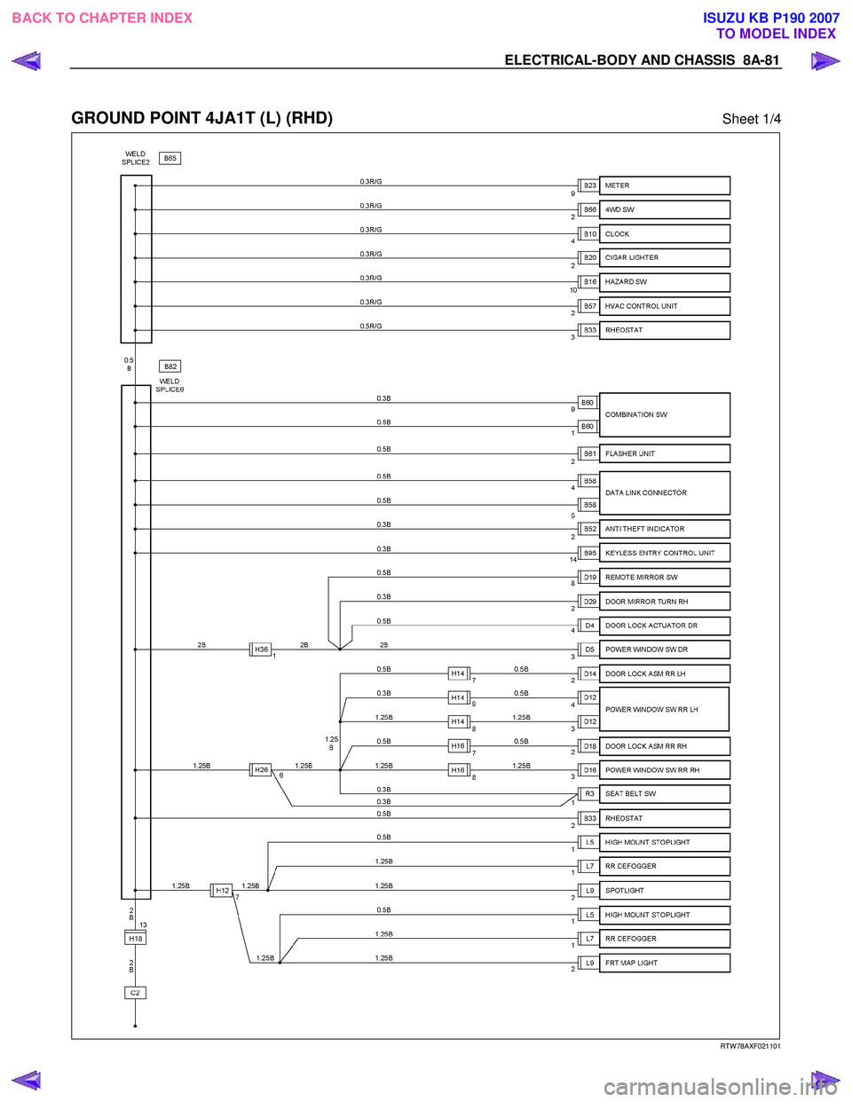 ISUZU KB P190 2007  Workshop Repair Manual ELECTRICAL-BODY AND CHASSIS  8A-81 
 
GROUND POINT 4JA1T (L) (RHD) Sheet 1/4 
  
 
 
   
RTW 78AXF021101 
 
BACK TO CHAPTER INDEX
TO MODEL INDEXISUZU KB P190 2007 