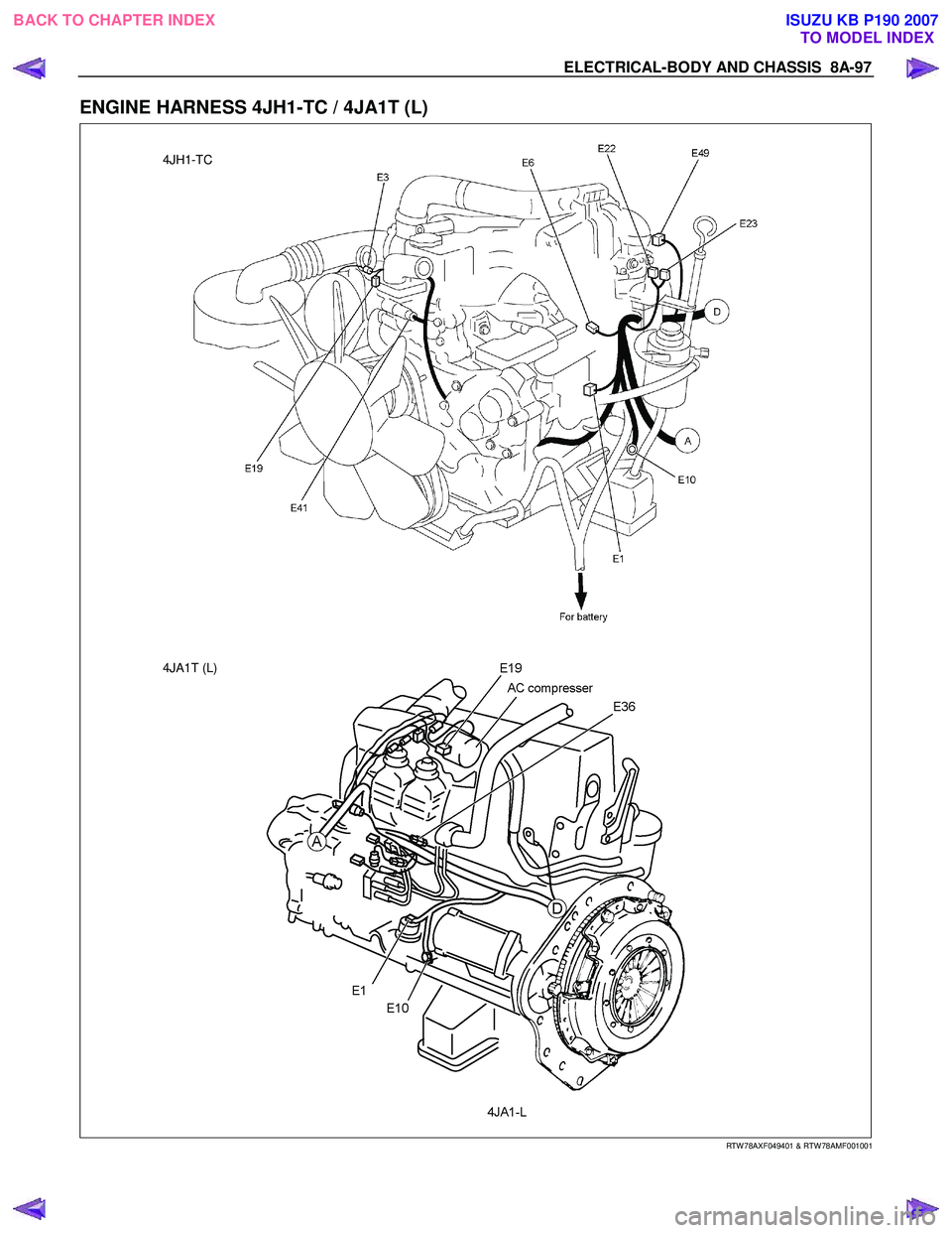 ISUZU KB P190 2007  Workshop Repair Manual ELECTRICAL-BODY AND CHASSIS  8A-97 
ENGINE HARNESS 4JH1-TC / 4JA1T (L) 
  
  
 
 
 
 
4JH1-TC  
4JA1T (L) 
 RTW 78AXF049401 & RTW 78AMF001001 
 
 
BACK TO CHAPTER INDEX TO MODEL INDEXISUZU KB P190 200