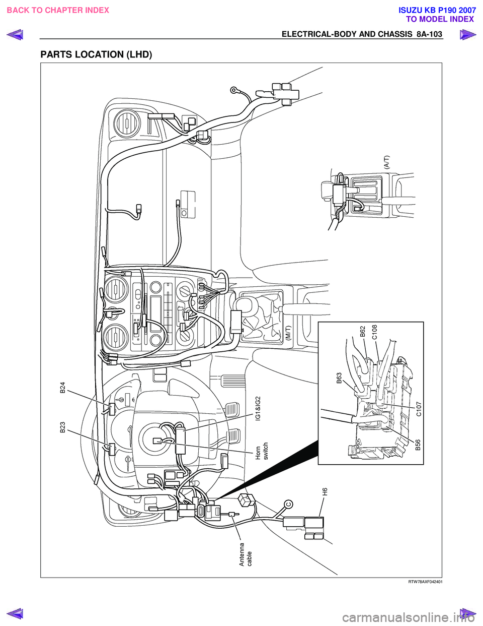 ISUZU KB P190 2007  Workshop Repair Manual ELECTRICAL-BODY AND CHASSIS  8A-103 
PARTS LOCATION (LHD) 
  
 
   RTW 78AXF042401 
 
BACK TO CHAPTER INDEX
TO MODEL INDEXISUZU KB P190 2007 