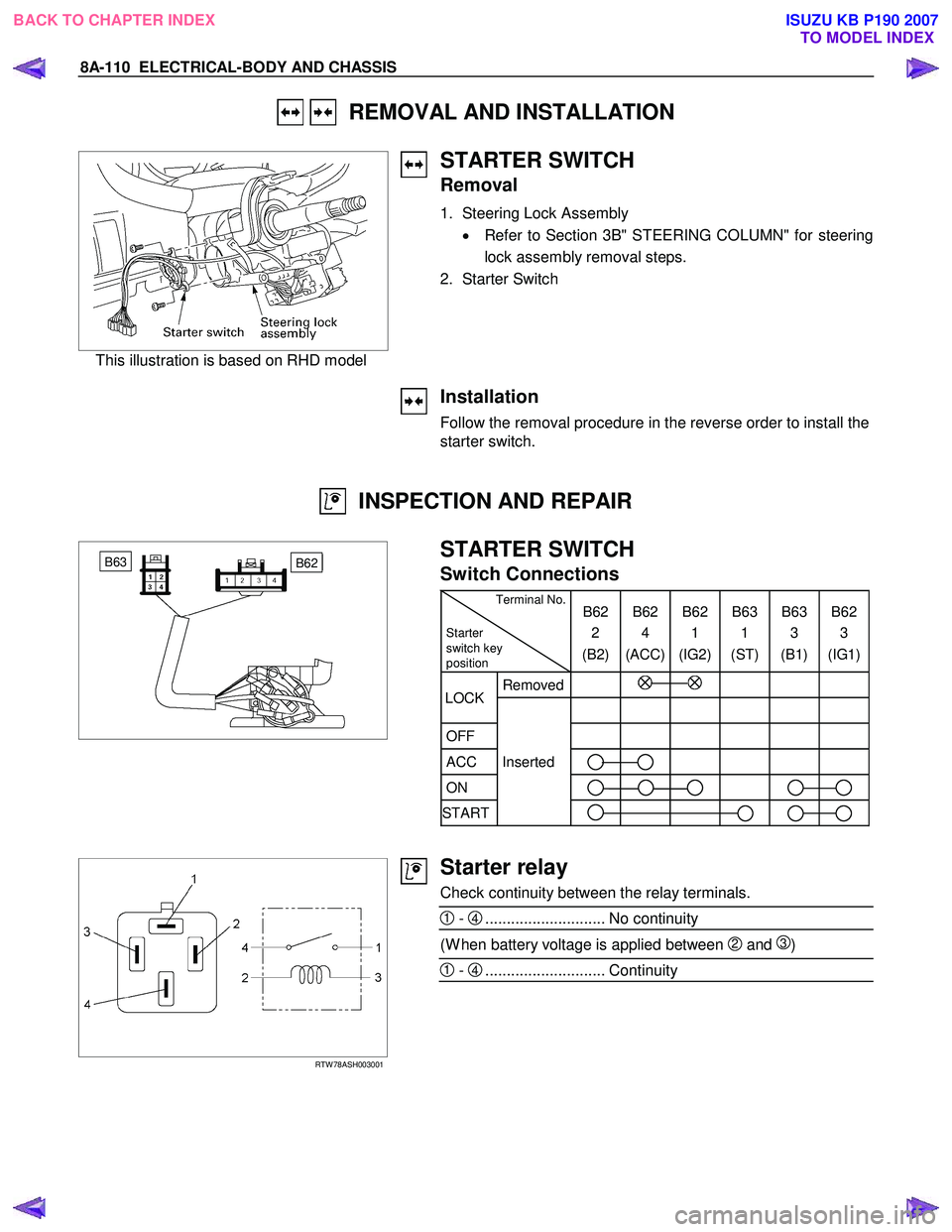 ISUZU KB P190 2007  Workshop Repair Manual 8A-110  ELECTRICAL-BODY AND CHASSIS 
   REMOVAL AND INSTALLATION 
 
This illustration is based on RHD model 
STARTER SWITCH 
Removal 
1.  Steering Lock Assembly •  Refer to Section 3B" STEERING COLU