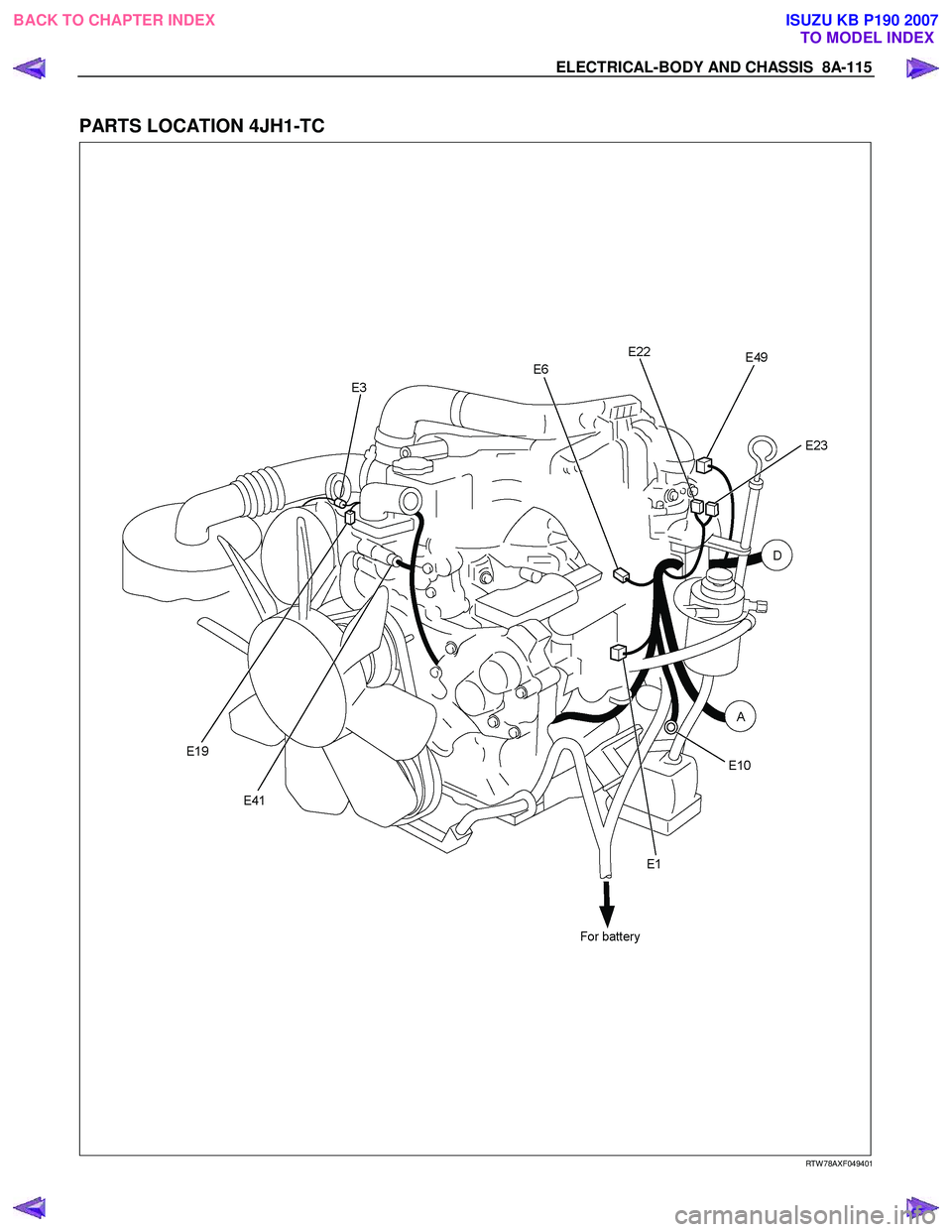 ISUZU KB P190 2007  Workshop Repair Manual ELECTRICAL-BODY AND CHASSIS  8A-115 
 
PARTS LOCATION 4JH1-TC 
   
 
 
 
 
 
 
 
 
 
 
 
 
 
 
 
 
RTW 78AXF049401 
 
BACK TO CHAPTER INDEX TO MODEL INDEXISUZU KB P190 2007 