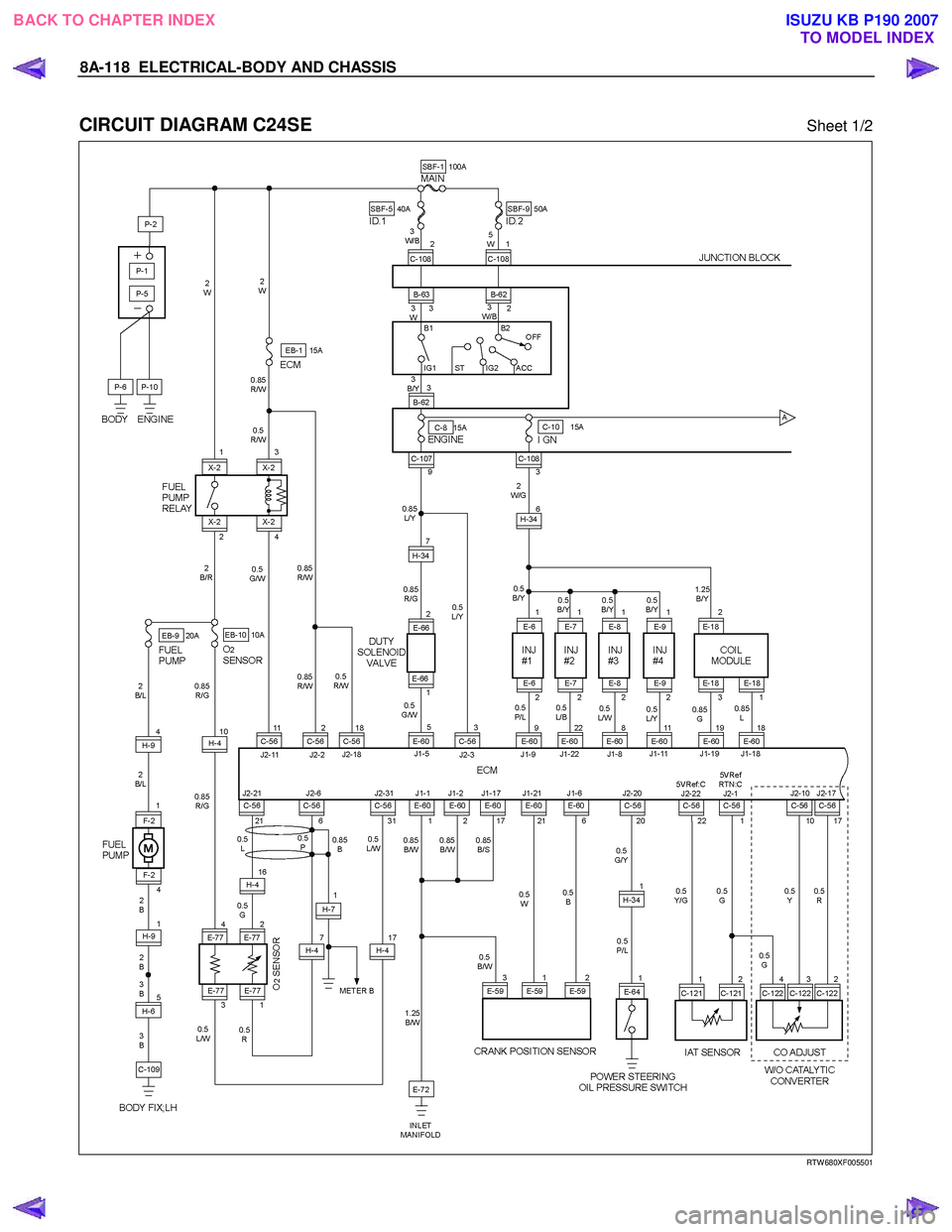 ISUZU KB P190 2007  Workshop Repair Manual 8A-118  ELECTRICAL-BODY AND CHASSIS 
 
CIRCUIT DIAGRAM C24SE Sheet 1/2 
  
  
RTW 680XF005501 
 
BACK TO CHAPTER INDEX
TO MODEL INDEXISUZU KB P190 2007 