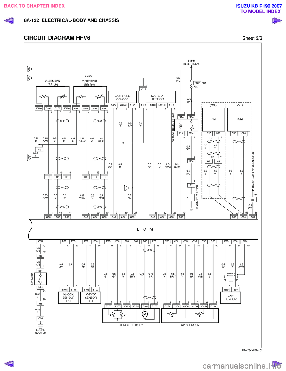 ISUZU KB P190 2007  Workshop Repair Manual 8A-122  ELECTRICAL-BODY AND CHASSIS 
 
CIRCUIT DIAGRAM HFV6 Sheet 3/3 
   
 
 
 RTW 78AXF024101 
 
BACK TO CHAPTER INDEX TO MODEL INDEXISUZU KB P190 2007 