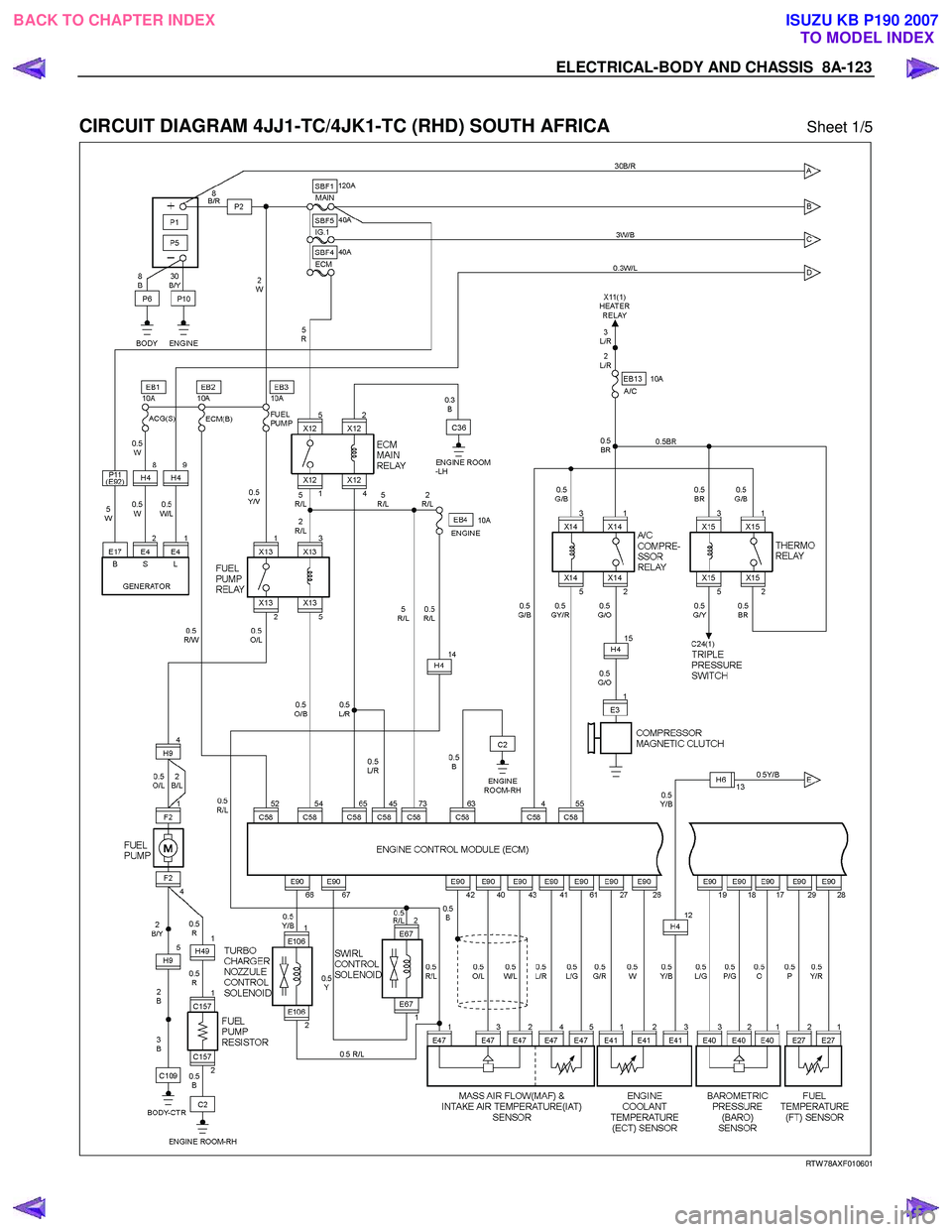 ISUZU KB P190 2007  Workshop Repair Manual ELECTRICAL-BODY AND CHASSIS  8A-123 
 
CIRCUIT DIAGRAM 4JJ1-TC/4JK1-TC (RHD) SOUTH AFRICA Sheet 1/5 
  
  
RTW 78AXF010601 
 
BACK TO CHAPTER INDEX
TO MODEL INDEXISUZU KB P190 2007 