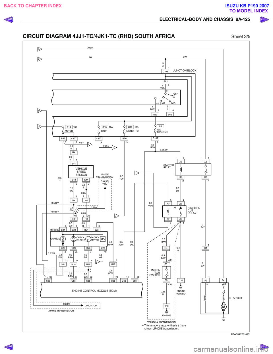 ISUZU KB P190 2007  Workshop Repair Manual ELECTRICAL-BODY AND CHASSIS  8A-125 
 
CIRCUIT DIAGRAM 4JJ1-TC/4JK1-TC (RHD) SOUTH AFRICA Sheet 3/5 
  
  
RTW 78AXF010801 
 
BACK TO CHAPTER INDEX
TO MODEL INDEXISUZU KB P190 2007 