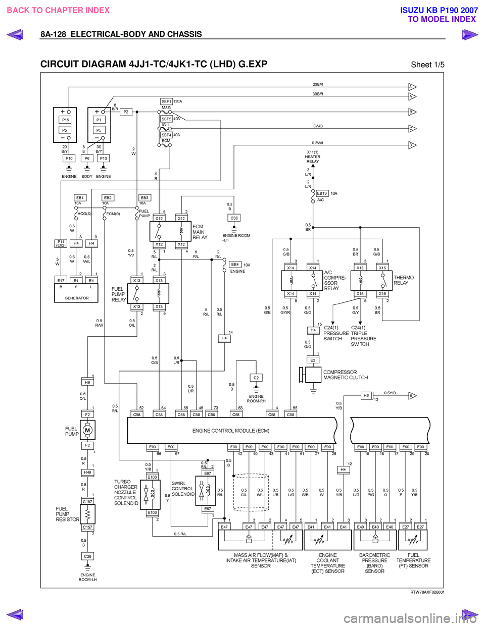 ISUZU KB P190 2007  Workshop Repair Manual 8A-128  ELECTRICAL-BODY AND CHASSIS 
 
CIRCUIT DIAGRAM 4JJ1-TC/4JK1-TC (LHD) G.EXP Sheet 1/5 
  
  
RTW 78AXF026001 
 
 
BACK TO CHAPTER INDEX
TO MODEL INDEXISUZU KB P190 2007 