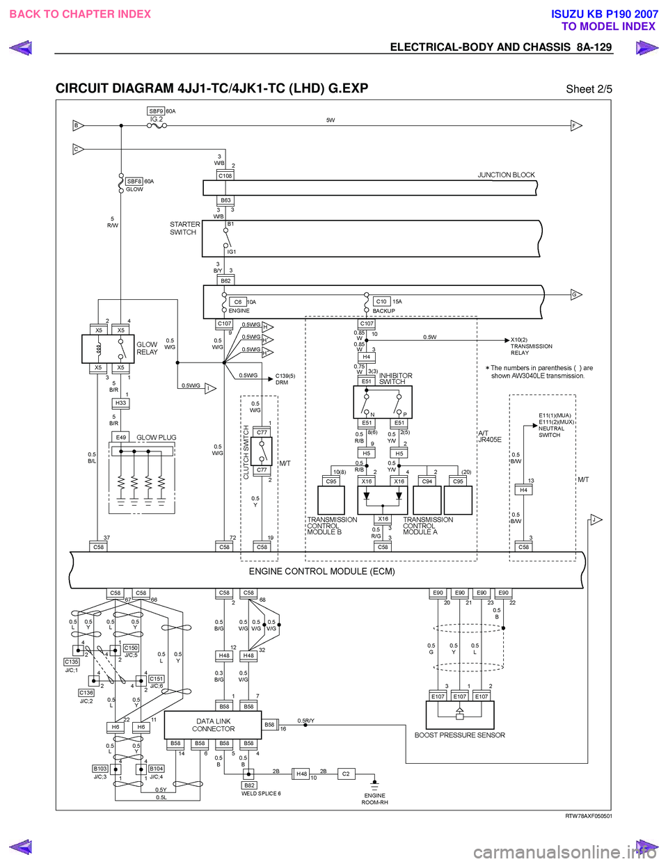 ISUZU KB P190 2007  Workshop Repair Manual ELECTRICAL-BODY AND CHASSIS  8A-129 
 
CIRCUIT DIAGRAM 4JJ1-TC/4JK1-TC (LHD) G.EXP Sheet 2/5 
  
 RTW 78AXF050501 
 
 
BACK TO CHAPTER INDEXTO MODEL INDEXISUZU KB P190 2007 