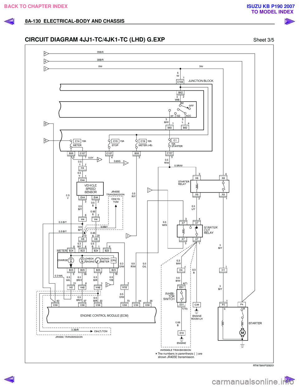 ISUZU KB P190 2007  Workshop Repair Manual 8A-130  ELECTRICAL-BODY AND CHASSIS 
 
CIRCUIT DIAGRAM 4JJ1-TC/4JK1-TC (LHD) G.EXP Sheet 3/5 
  
  
RTW 78AXF026201 
 
 
BACK TO CHAPTER INDEX
TO MODEL INDEXISUZU KB P190 2007 
