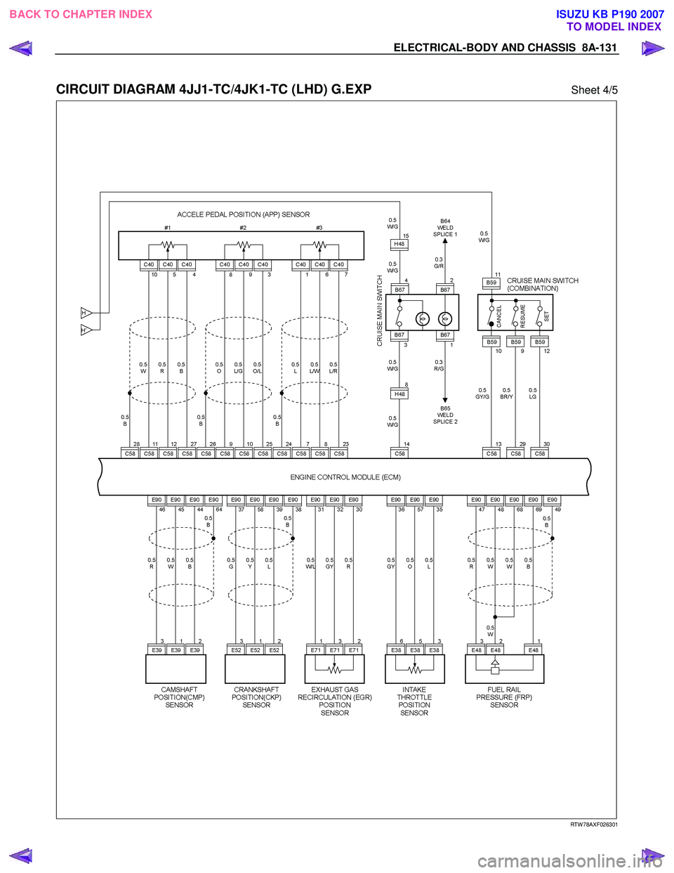 ISUZU KB P190 2007  Workshop Repair Manual ELECTRICAL-BODY AND CHASSIS  8A-131 
 
CIRCUIT DIAGRAM 4JJ1-TC/4JK1-TC (LHD) G.EXP Sheet 4/5 
   
 
 
 
 
 
 
 
 
RTW 78AXF026301 
 
 
BACK TO CHAPTER INDEX TO MODEL INDEXISUZU KB P190 2007 