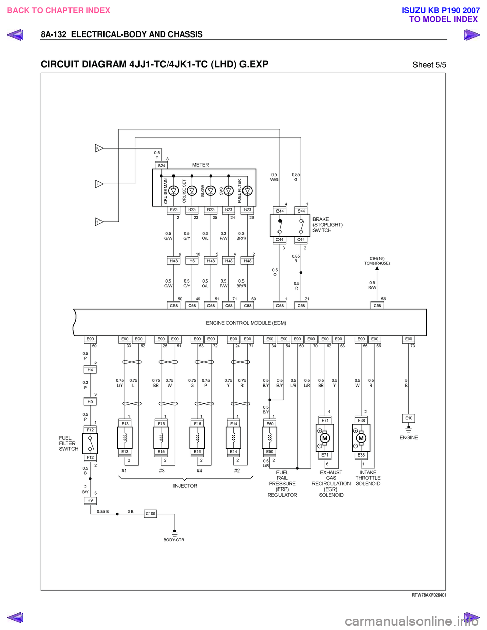 ISUZU KB P190 2007  Workshop Repair Manual 8A-132  ELECTRICAL-BODY AND CHASSIS 
 
CIRCUIT DIAGRAM 4JJ1-TC/4JK1-TC (LHD) G.EXP Sheet 5/5 
   
 
 
 
 
 
 
 
RTW 78AXF026401 
 
 
BACK TO CHAPTER INDEX TO MODEL INDEXISUZU KB P190 2007 