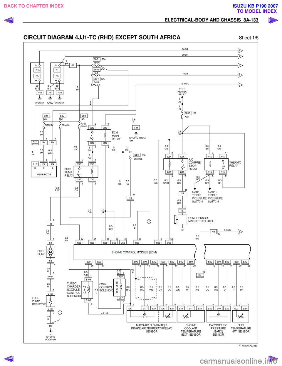 ISUZU KB P190 2007  Workshop Repair Manual ELECTRICAL-BODY AND CHASSIS  8A-133 
 
CIRCUIT DIAGRAM 4JJ1-TC (RHD) EXCEPT SOUTH AFRICA Sheet 1/5 
  
  
RTW 78AXF030301 
 
 
BACK TO CHAPTER INDEX
TO MODEL INDEXISUZU KB P190 2007 