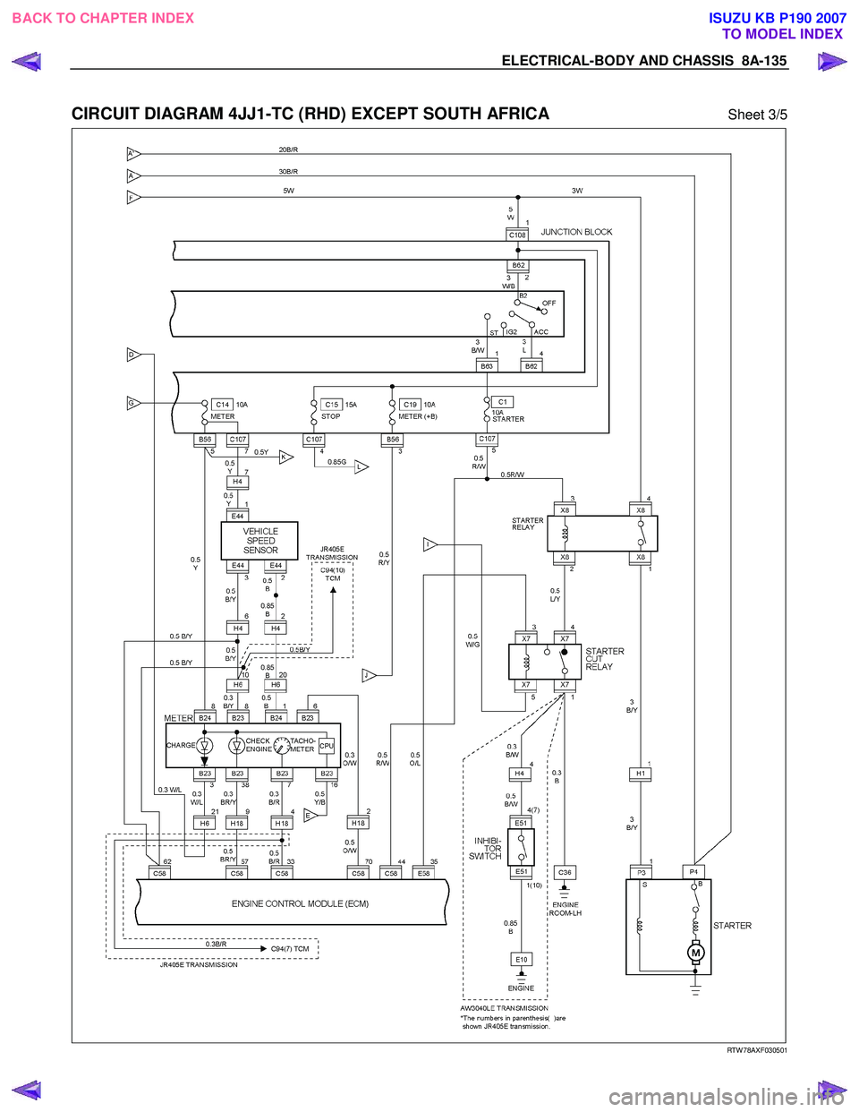 ISUZU KB P190 2007  Workshop Repair Manual ELECTRICAL-BODY AND CHASSIS  8A-135 
 
CIRCUIT DIAGRAM 4JJ1-TC (RHD) EXCEPT SOUTH AFRICA Sheet 3/5 
  
  
RTW 78AXF030501 
 
 
BACK TO CHAPTER INDEX
TO MODEL INDEXISUZU KB P190 2007 