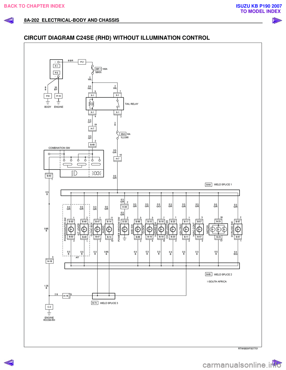 ISUZU KB P190 2007  Workshop Repair Manual 8A-202  ELECTRICAL-BODY AND CHASSIS 
 
CIRCUIT DIAGRAM C24SE (RHD) WITHOUT ILLUMINATION CONTROL 
   
 
 
 
 
RTW 680XF007701 
 
BACK TO CHAPTER INDEX TO MODEL INDEXISUZU KB P190 2007 