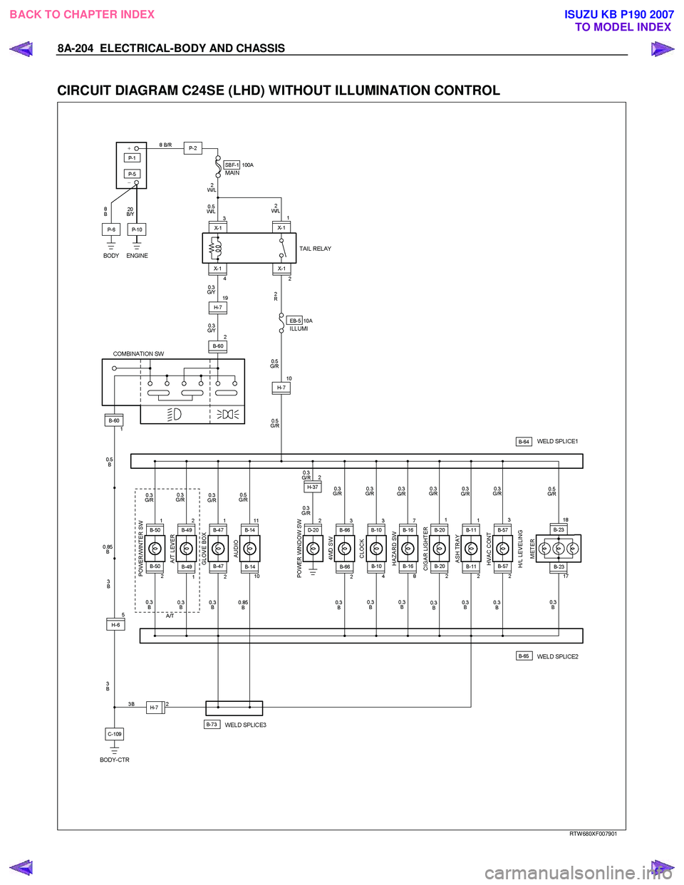 ISUZU KB P190 2007  Workshop Repair Manual 8A-204  ELECTRICAL-BODY AND CHASSIS 
 
CIRCUIT DIAGRAM C24SE (LHD) WITHOUT ILLUMINATION CONTROL 
   
 
 
 
 
 
 
RTW 680XF007901 
 
BACK TO CHAPTER INDEX TO MODEL INDEXISUZU KB P190 2007 