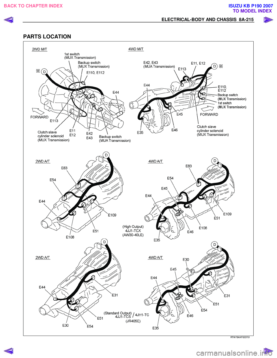 ISUZU KB P190 2007  Workshop Repair Manual ELECTRICAL-BODY AND CHASSIS  8A-215 
 
PARTS LOCATION 
  
  
RTW 78AXF023701 
 
BACK TO CHAPTER INDEX TO MODEL INDEXISUZU KB P190 2007 