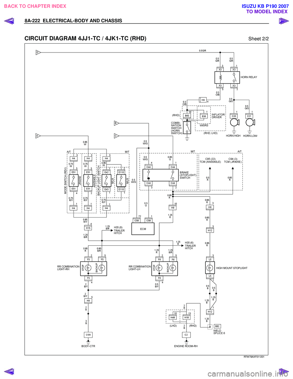 ISUZU KB P190 2007  Workshop Repair Manual 8A-222  ELECTRICAL-BODY AND CHASSIS 
 
CIRCUIT DIAGRAM 4JJ1-TC / 4JK1-TC (RHD) Sheet 2/2 
  
 
   
RTW 78AXF011201 
 
BACK TO CHAPTER INDEX
TO MODEL INDEXISUZU KB P190 2007 
