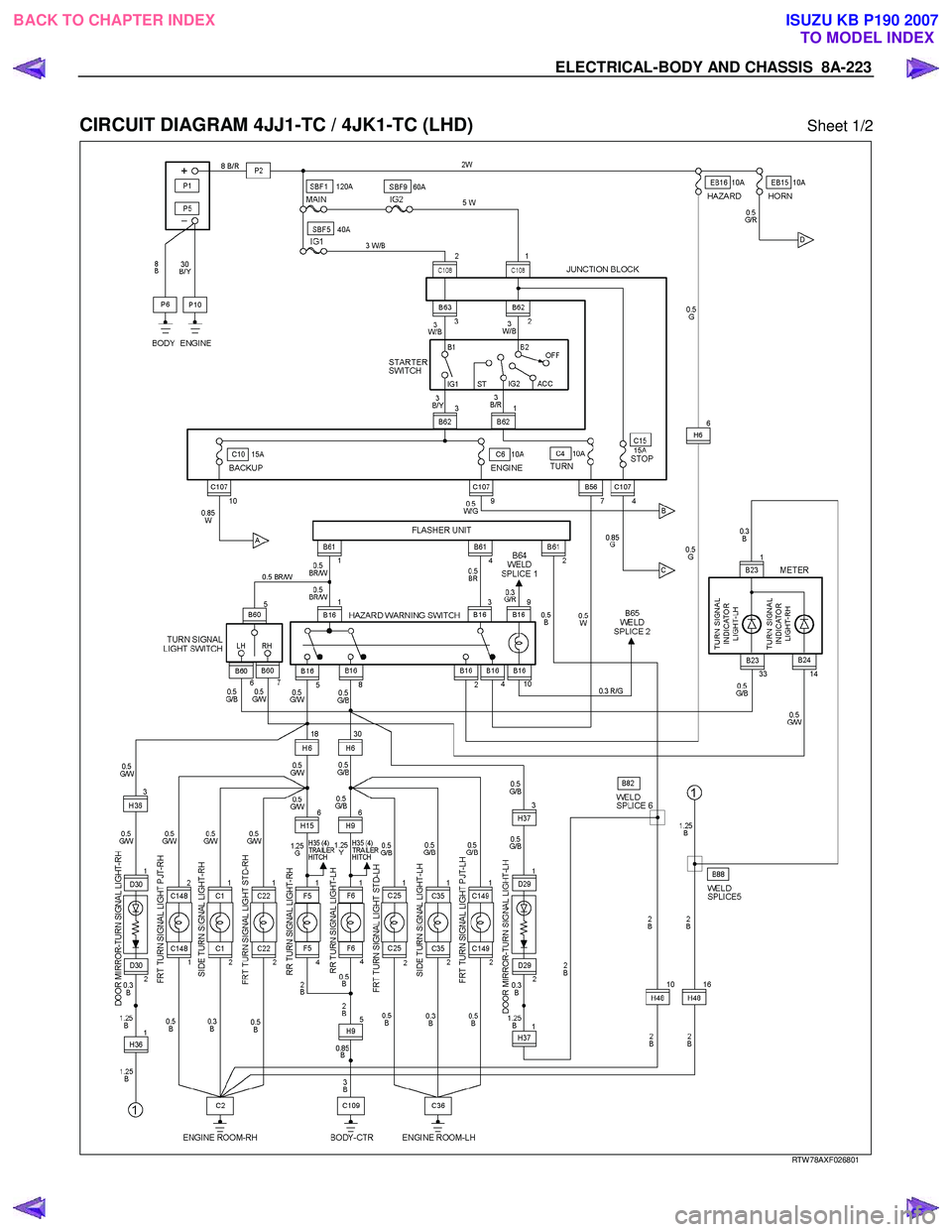 ISUZU KB P190 2007  Workshop Repair Manual ELECTRICAL-BODY AND CHASSIS  8A-223 
 
CIRCUIT DIAGRAM 4JJ1-TC / 4JK1-TC (LHD) Sheet 1/2 
  
  
RTW 78AXF026801 
 
BACK TO CHAPTER INDEX
TO MODEL INDEXISUZU KB P190 2007 
