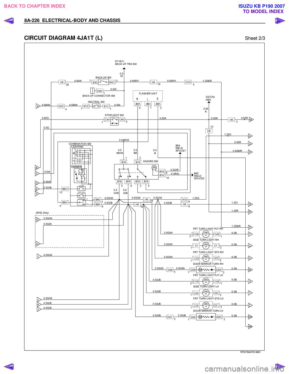 ISUZU KB P190 2007  Workshop Repair Manual 8A-226  ELECTRICAL-BODY AND CHASSIS 
 
CIRCUIT DIAGRAM 4JA1T (L) Sheet 2/3 
   
 
 
 
 
 
RTW 78AXF014801 
 
BACK TO CHAPTER INDEX TO MODEL INDEXISUZU KB P190 2007 