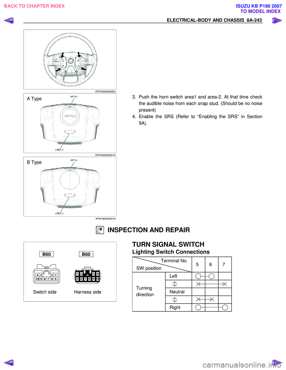 ISUZU KB P190 2007  Workshop Repair Manual ELECTRICAL-BODY AND CHASSIS  8A-243 
  
 
RTW 78ASH002001 
  
 
A Type 
RTW 78ASH002101 
 3.  Push the horn switch area1 and area-2. At that time check 
the audible noise from each snap stud. (Should 