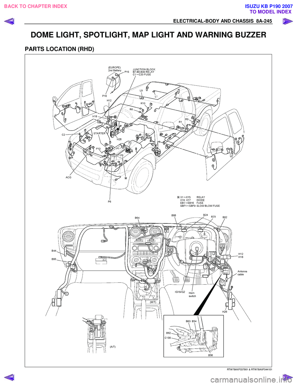 ISUZU KB P190 2007  Workshop Repair Manual ELECTRICAL-BODY AND CHASSIS  8A-245 
DOME LIGHT, SPOTLIGHT, MAP LIGHT AND WARNING BUZZER 
PARTS LOCATION (RHD) 
   
 
 
 
 
 
 
RTW 78AXF037901 & RTW 78AXF044101 
 
BACK TO CHAPTER INDEX
TO MODEL INDE