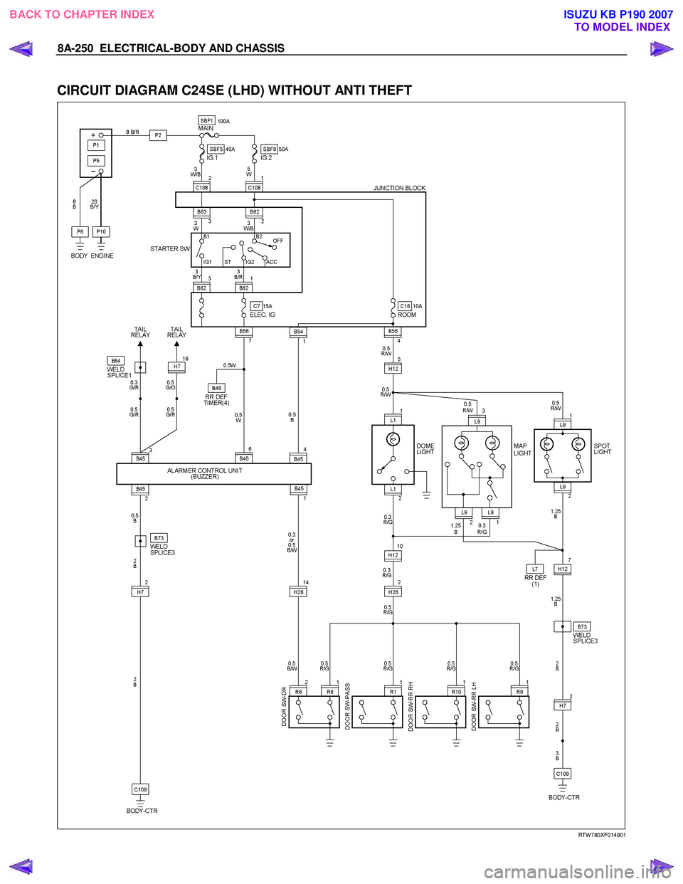 ISUZU KB P190 2007  Workshop Repair Manual 8A-250  ELECTRICAL-BODY AND CHASSIS 
 
CIRCUIT DIAGRAM C24SE (LHD) WITHOUT ANTI THEFT 
  
  
RTW 780XF014901 
 
BACK TO CHAPTER INDEX TO MODEL INDEXISUZU KB P190 2007 