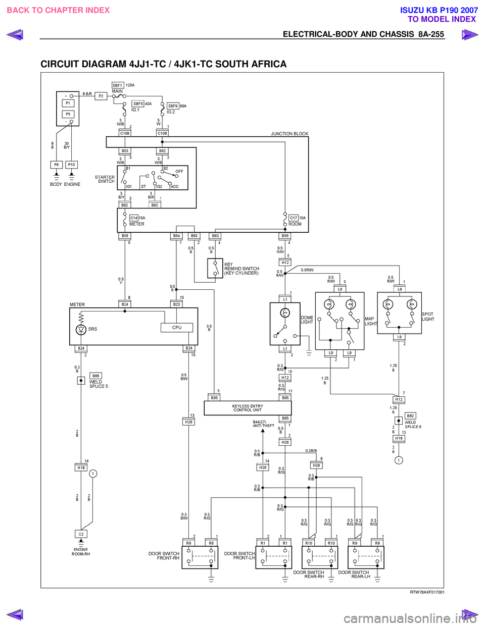 ISUZU KB P190 2007  Workshop Repair Manual ELECTRICAL-BODY AND CHASSIS  8A-255 
 
CIRCUIT DIAGRAM 4JJ1-TC / 4JK1-TC SOUTH AFRICA 
  
  
RTW 78AXF017001 
 
 
BACK TO CHAPTER INDEX
TO MODEL INDEXISUZU KB P190 2007 