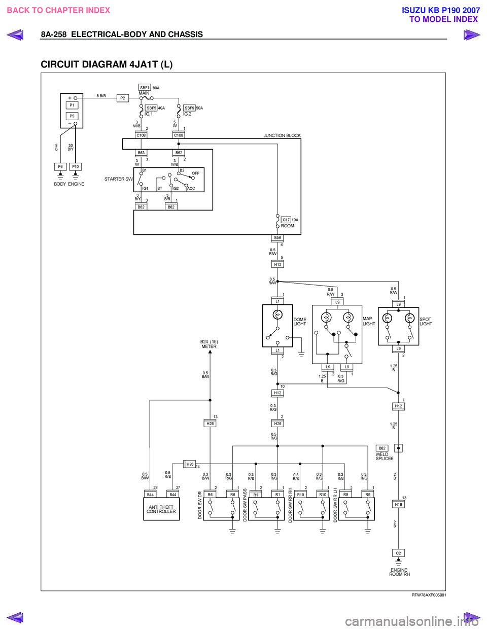 ISUZU KB P190 2007  Workshop Repair Manual 8A-258  ELECTRICAL-BODY AND CHASSIS 
 
CIRCUIT DIAGRAM 4JA1T (L) 
  
  
RTW 78AXF005901 
 
BACK TO CHAPTER INDEX TO MODEL INDEXISUZU KB P190 2007 