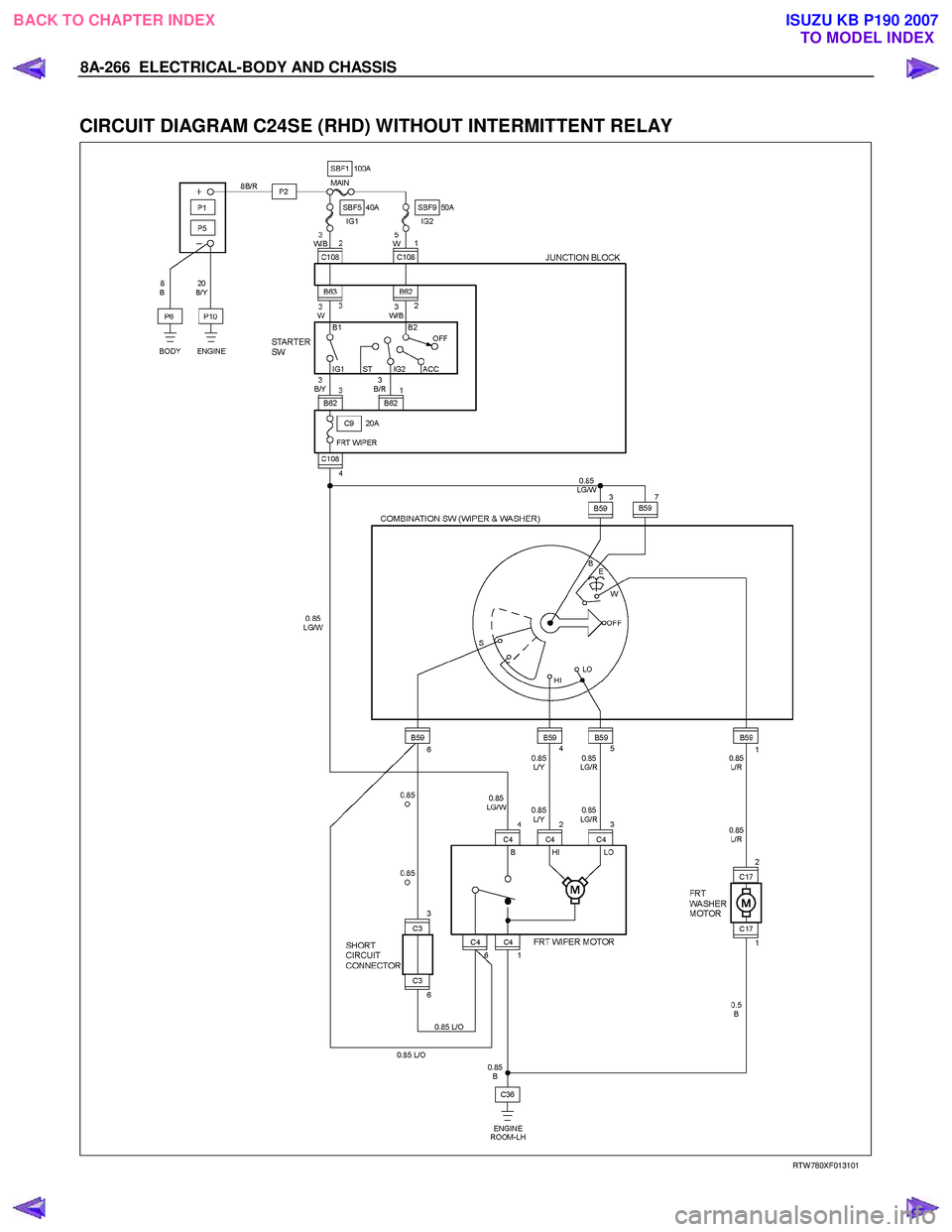 ISUZU KB P190 2007  Workshop Repair Manual 8A-266  ELECTRICAL-BODY AND CHASSIS 
 
CIRCUIT DIAGRAM C24SE (RHD) WITHOUT INTERMITTENT RELAY 
  
  
RTW 780XF013101 
 
BACK TO CHAPTER INDEX
TO MODEL INDEXISUZU KB P190 2007 