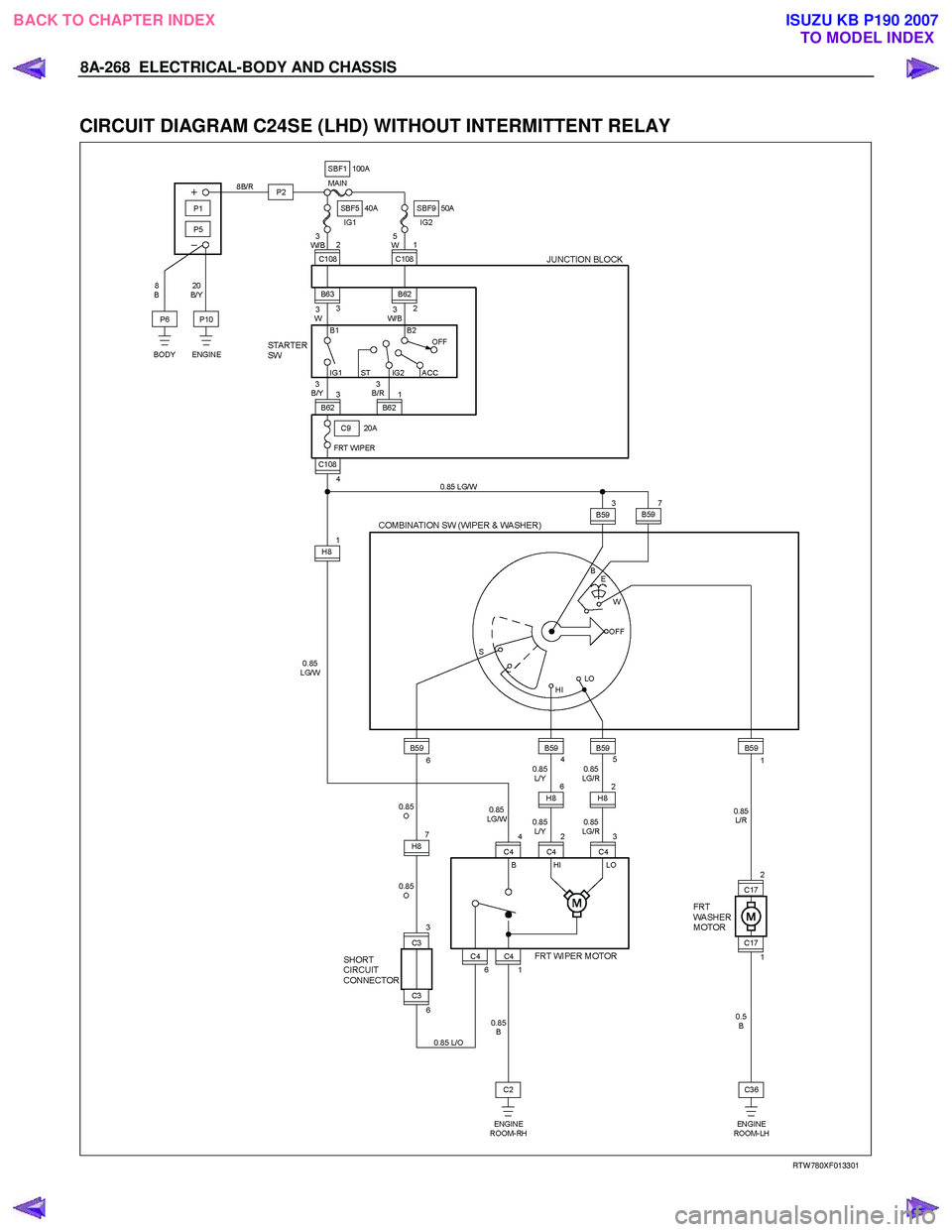 ISUZU KB P190 2007  Workshop Repair Manual 8A-268  ELECTRICAL-BODY AND CHASSIS 
 
CIRCUIT DIAGRAM C24SE (LHD) WITHOUT INTERMITTENT RELAY 
  
  
RTW 780XF013301 
 
BACK TO CHAPTER INDEX
TO MODEL INDEXISUZU KB P190 2007 