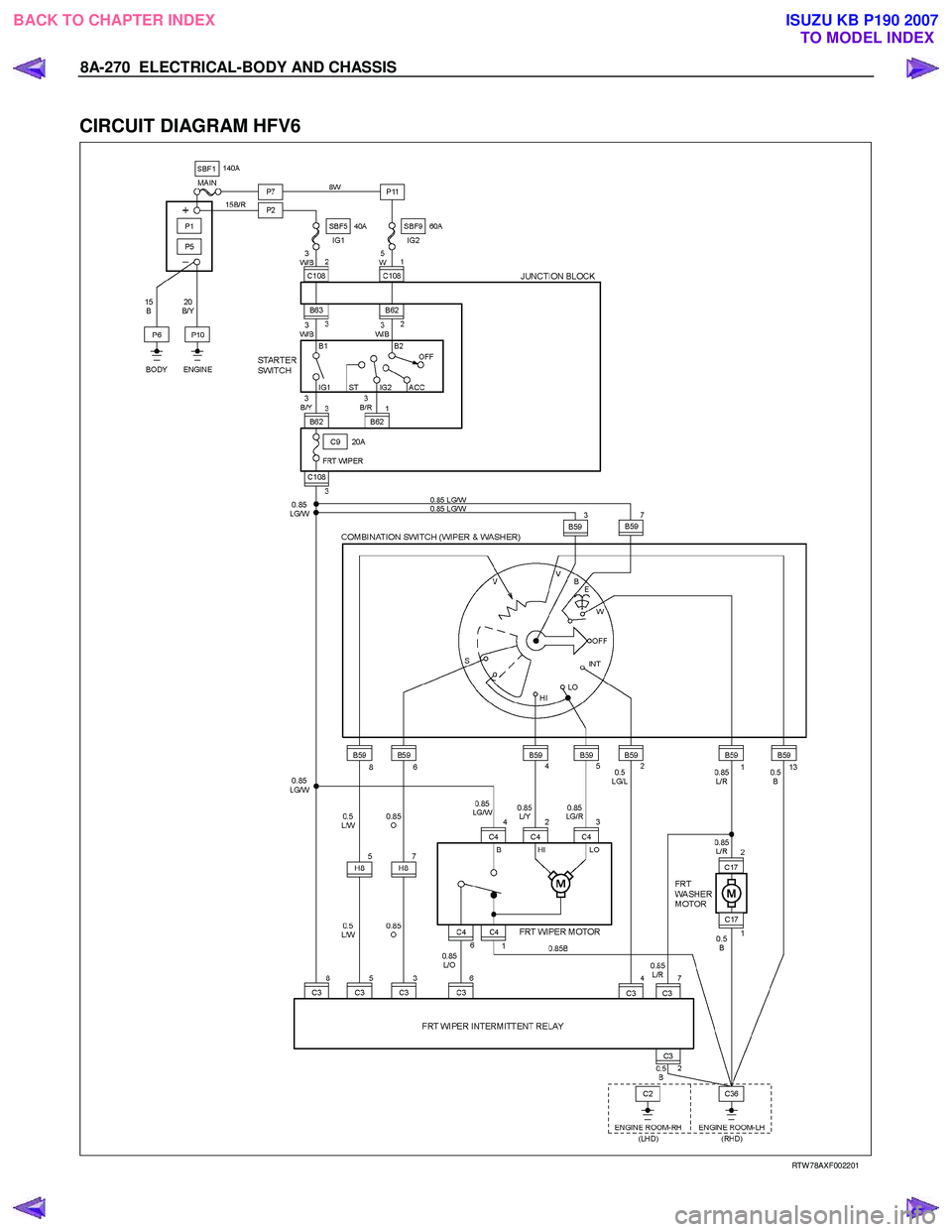 ISUZU KB P190 2007  Workshop Repair Manual 8A-270  ELECTRICAL-BODY AND CHASSIS 
 
CIRCUIT DIAGRAM HFV6 
  
  
RTW 78AXF002201 
 
 
BACK TO CHAPTER INDEX
TO MODEL INDEXISUZU KB P190 2007 