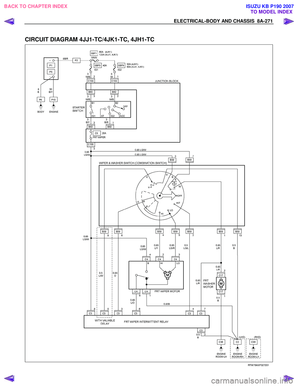 ISUZU KB P190 2007  Workshop Repair Manual ELECTRICAL-BODY AND CHASSIS  8A-271 
 
CIRCUIT DIAGRAM 4JJ1-TC/4JK1-TC, 4JH1-TC 
  
  
RTW 78AXF027201 
 
 
BACK TO CHAPTER INDEX
TO MODEL INDEXISUZU KB P190 2007 