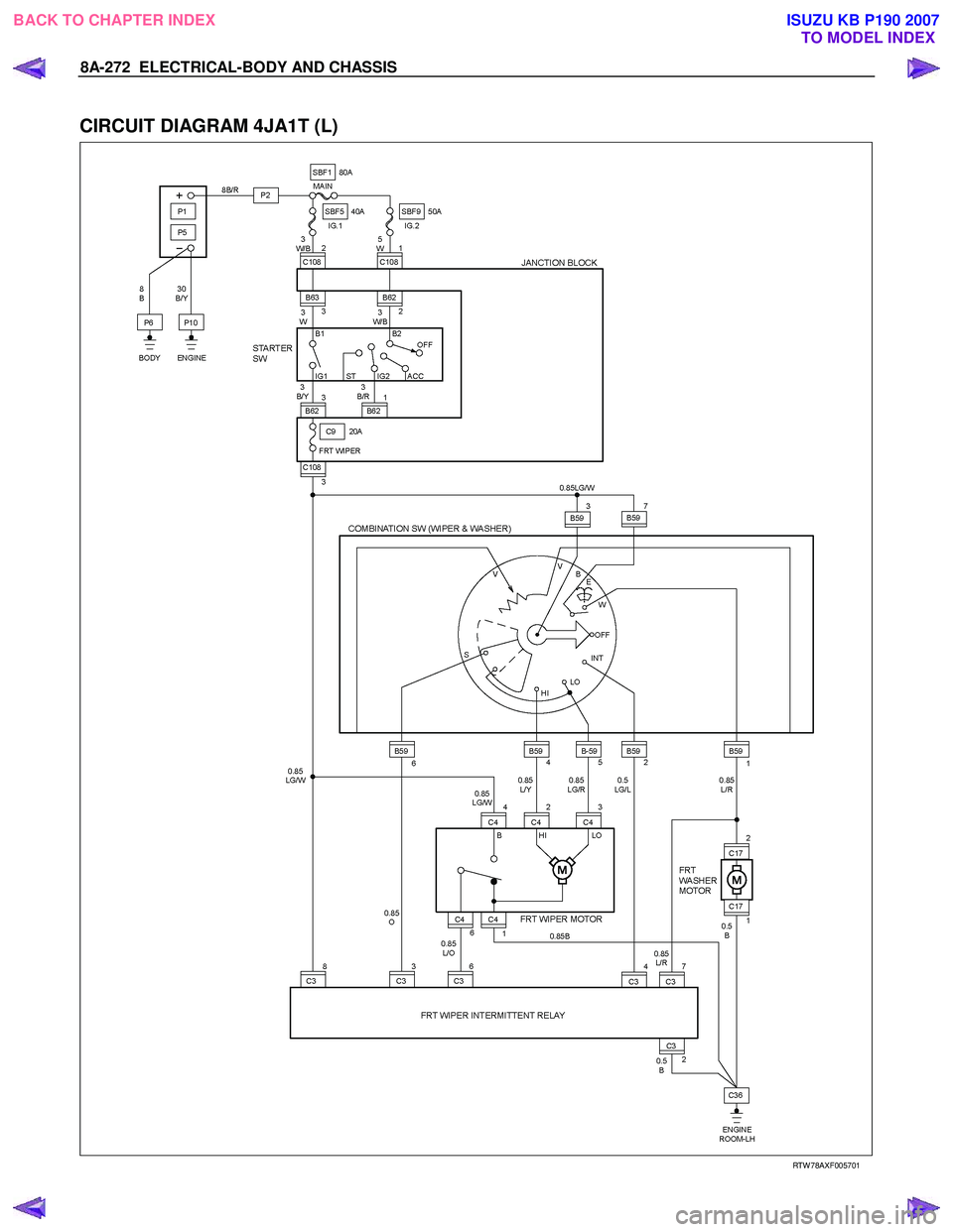 ISUZU KB P190 2007  Workshop Repair Manual 8A-272  ELECTRICAL-BODY AND CHASSIS 
 
CIRCUIT DIAGRAM 4JA1T (L) 
  
  
RTW 78AXF005701 
 
 
BACK TO CHAPTER INDEX
TO MODEL INDEXISUZU KB P190 2007 
