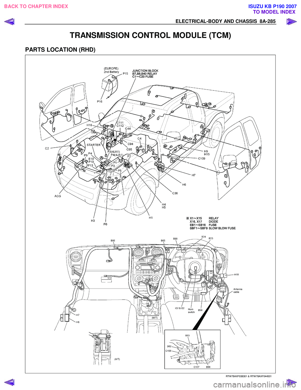 ISUZU KB P190 2007  Workshop Repair Manual ELECTRICAL-BODY AND CHASSIS  8A-285 
TRANSMISSION CONTROL MODULE (TCM) 
PARTS LOCATION (RHD) 
   
 
 
 
   
RTW 78AXF038301 & RTW 78AXF044501 
 
BACK TO CHAPTER INDEX
TO MODEL INDEXISUZU KB P190 2007 