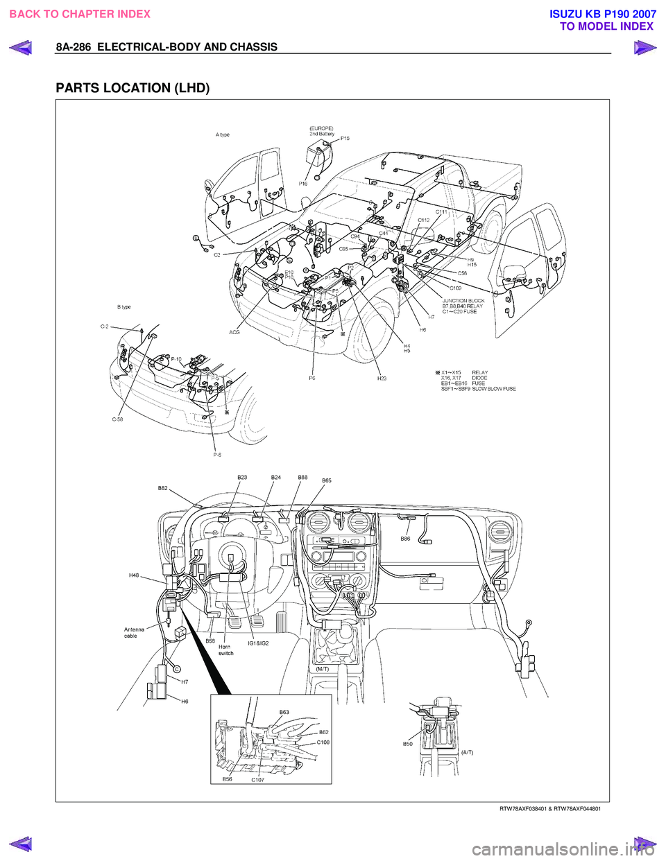 ISUZU KB P190 2007  Workshop Repair Manual 8A-286  ELECTRICAL-BODY AND CHASSIS 
 
PARTS LOCATION (LHD) 
   
 
 
 
 
   
RTW 78AXF038401 & RTW 78AXF044801 
 
BACK TO CHAPTER INDEX
TO MODEL INDEXISUZU KB P190 2007 