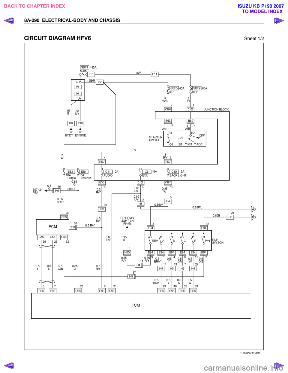 ISUZU KB P190 2007  Workshop Repair Manual 8A-290  ELECTRICAL-BODY AND CHASSIS 
 
CIRCUIT DIAGRAM HFV6 Sheet 1/2 
   
 
 
 
 
 
RTW 78AXF012501 
 
BACK TO CHAPTER INDEX TO MODEL INDEXISUZU KB P190 2007 