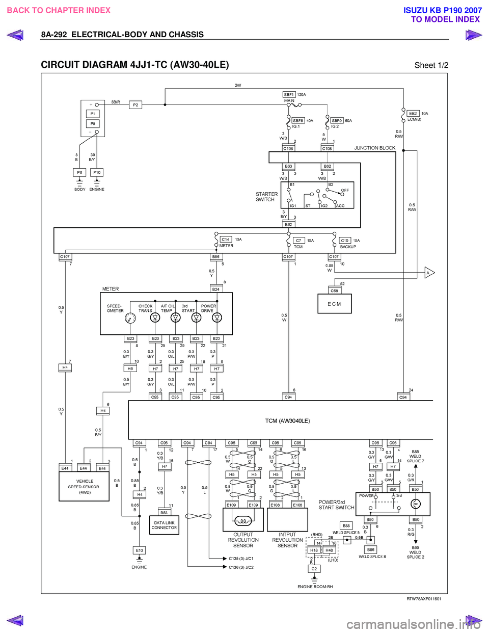 ISUZU KB P190 2007  Workshop Repair Manual 8A-292  ELECTRICAL-BODY AND CHASSIS 
 
CIRCUIT DIAGRAM 4JJ1-TC (AW30-40LE) Sheet 1/2 
  
  
RTW 78AXF011601 
 
BACK TO CHAPTER INDEX
TO MODEL INDEXISUZU KB P190 2007 