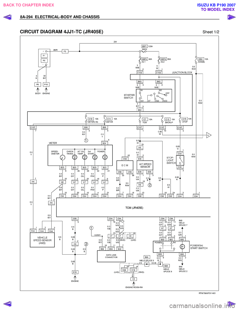 ISUZU KB P190 2007  Workshop Repair Manual 8A-294  ELECTRICAL-BODY AND CHASSIS 
 
CIRCUIT DIAGRAM 4JJ1-TC (JR405E) Sheet 1/2 
  
  
RTW 78AXF011401 
 
BACK TO CHAPTER INDEX
TO MODEL INDEXISUZU KB P190 2007 